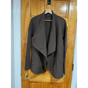 VINCE Quiet Luxury Brown Sugar Ribed Sleeve Boiled Wool Open Waterfall Cardigan